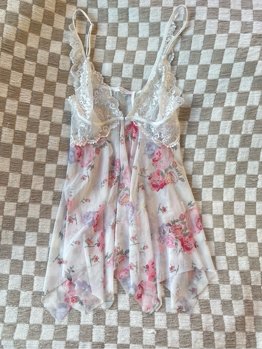 Floral Lace Trim Chemise Nightgown - White with Pink Floral